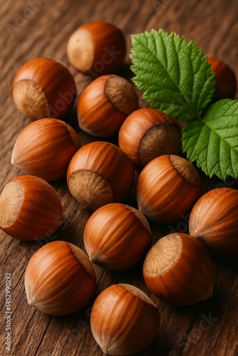 Hazelnuts Gathered on a Wooden Surface With Green Leaves in a Natural Setting