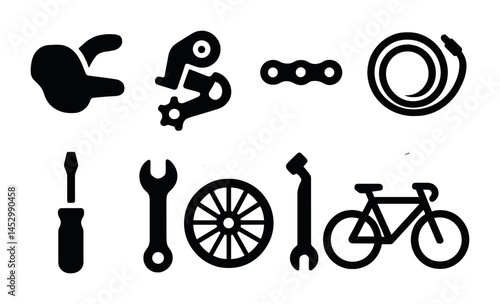 Bike repair outline icons set – tools, maintenance, cycling components symbols