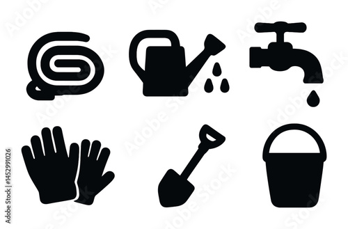 Gardening tools icons set: solid, filled, horticulture and landscaping symbols