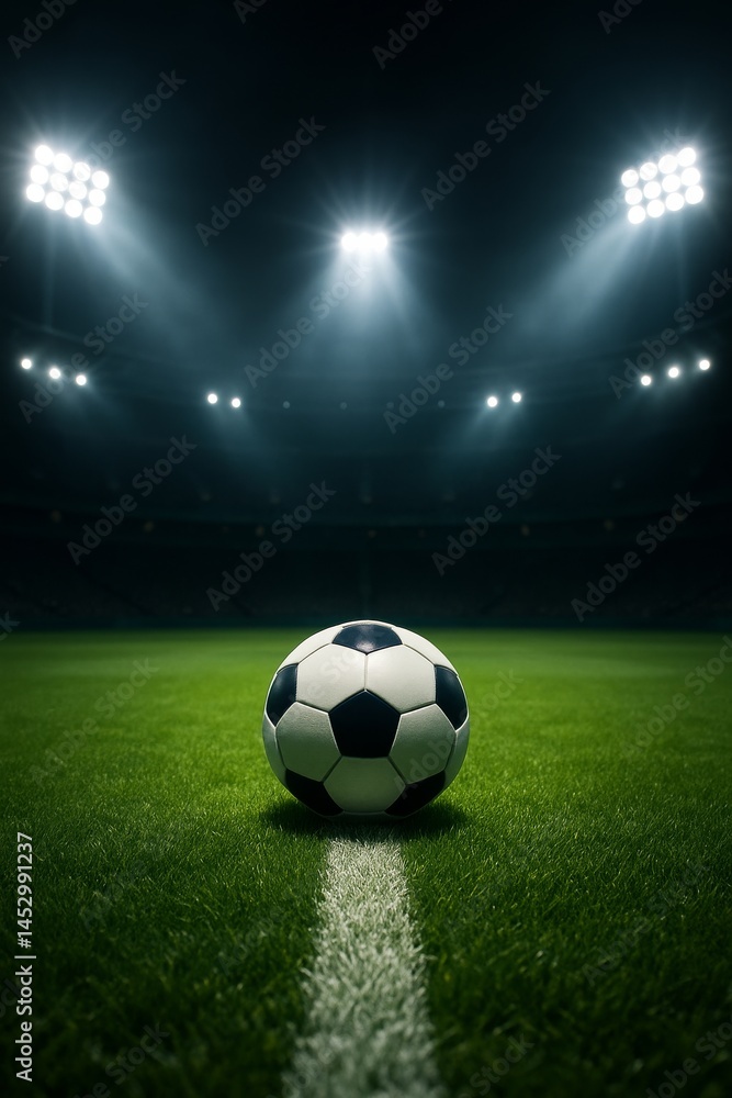 Fototapeta premium Bright Stadium Lights Illuminate a Soccer Ball on the Field During an Evening Match