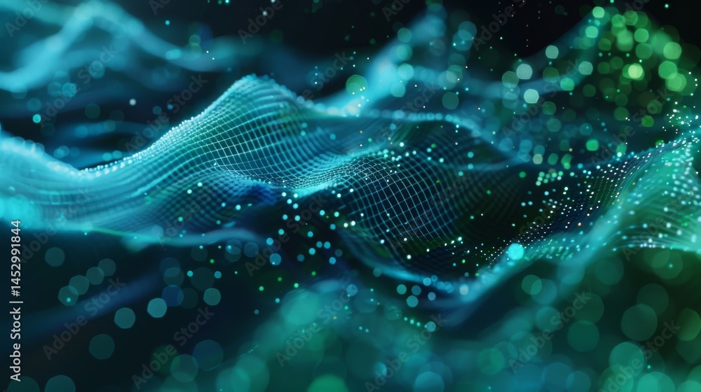 Fototapeta premium Abstract technology wave of particles. Big data visualization. Dark background with motion green lines. Artificial intelligence. 3d rendering.