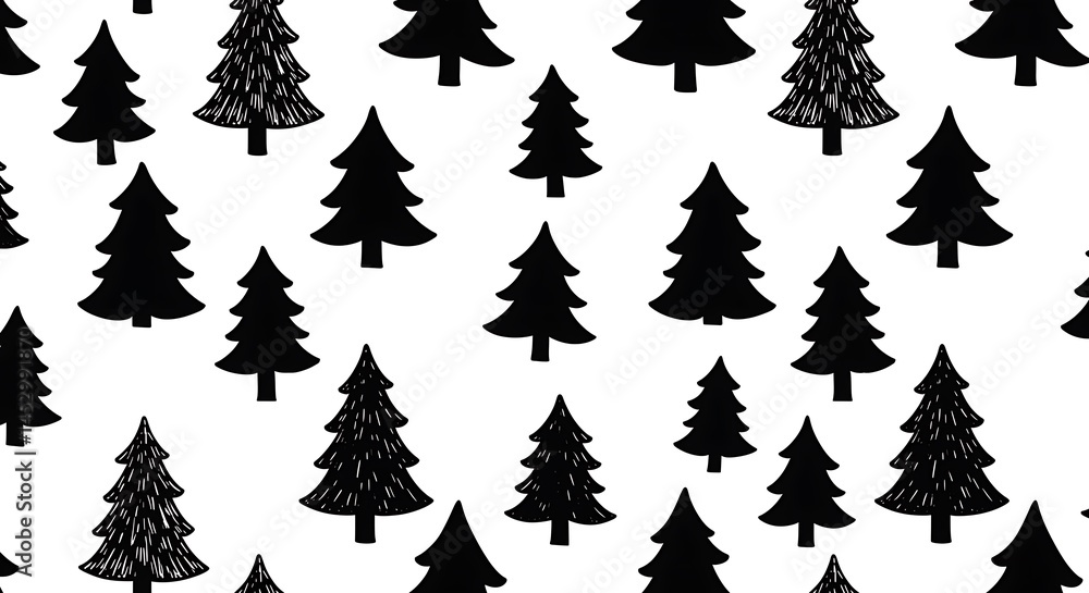 Fototapeta premium Black & White Winter Forest: Hand-Drawn Christmas Tree Pattern AI Generated