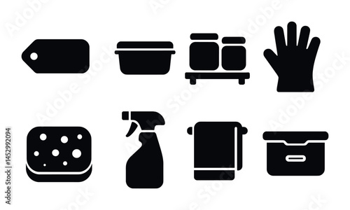 Cleaning and organization solid icons set – filled, household, tidy symbols