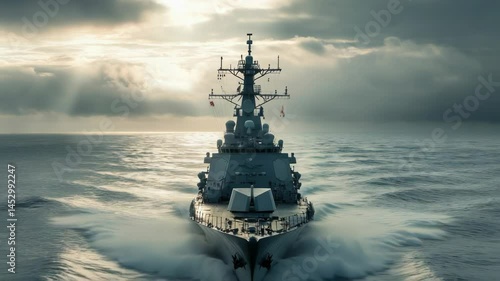 A navy ship sailing through open waters