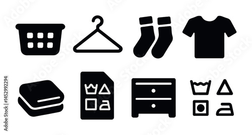 Laundry and clothing solid icons set – filled, apparel care, washing symbols