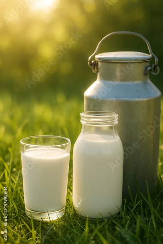 Milk in Glass and Jar Beside Metal Container on Green Grass During Sunny Afte...
