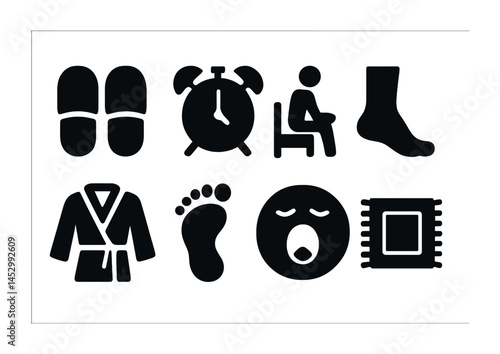 Daily routine silhouette icons set – filled, solid, lifestyle and activity symbols