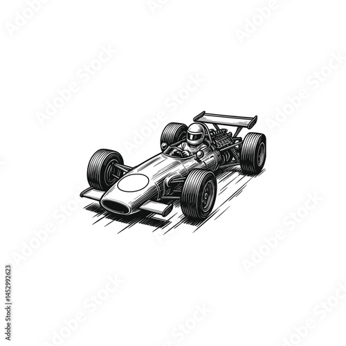 Vintage Engraving of a Race Car with Driver, drawn in an engraved, woodcut style with fine details sketch engraving vector illustration. Scratch board imitation. Black and white image. 