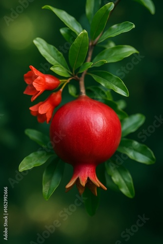 Bright Red Pomegranate Fruit Hanging From a Green Branch With Small Orange Fl...