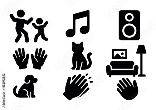 Home and leisure solid icons set – filled, entertainment, daily activity symbols