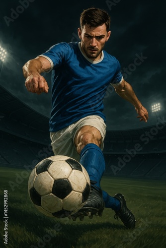 Dynamic Soccer Player Kicking the Ball on a Dark Stadium Field During a Night...