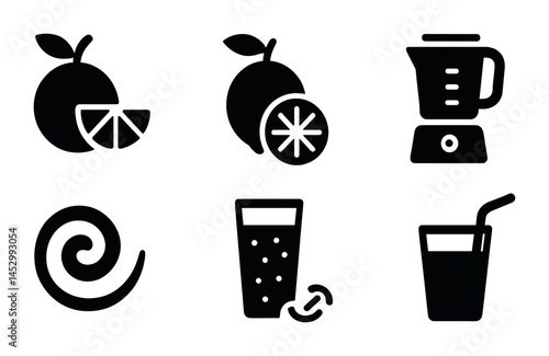 Juice and blender solid icons set – filled, smoothie, beverage making symbols
