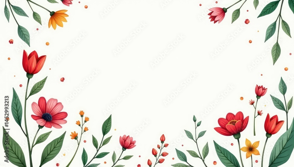 Naklejka premium Delicate hand-drawn wildflowers, scattered leaves , green, hand-drawn