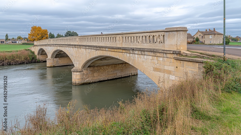 Stone arch bridge spans tranquil river landscape. Stone arch bridge spans tranquil river landscape.