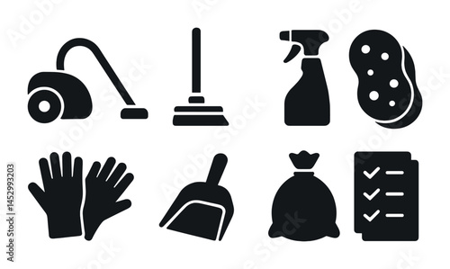Cleaning tools silhouette icons set – solid, filled, housekeeping and maintenance