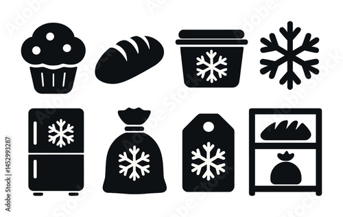Bakery and freezer outline icons set – flat, silhouette, food and storage symbols