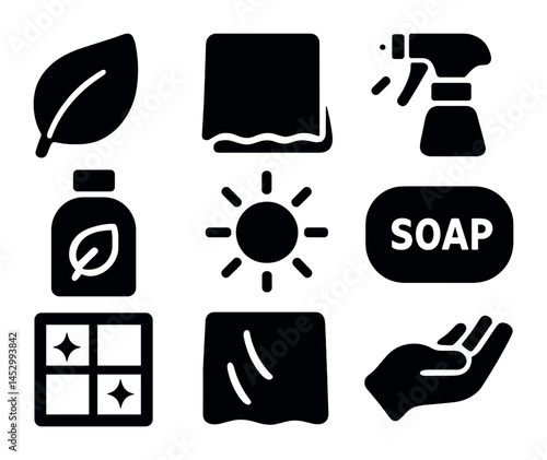Cleaning and hygiene icons set – solid, filled, sanitation and cleanliness symbols
