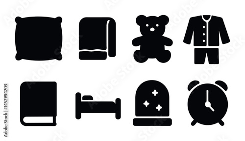 Bedtime and sleep solid icons set – filled, nighttime, relaxation symbols