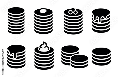 Breakfast and brunch solid icons set - filled, food, pancake stack symbols