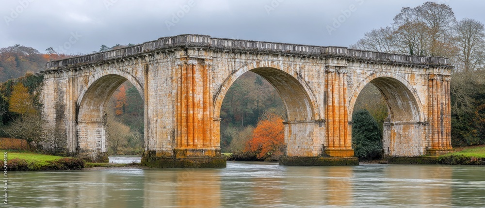 Fototapeta premium Majestic stone arch bridge spanning a tranquil river.