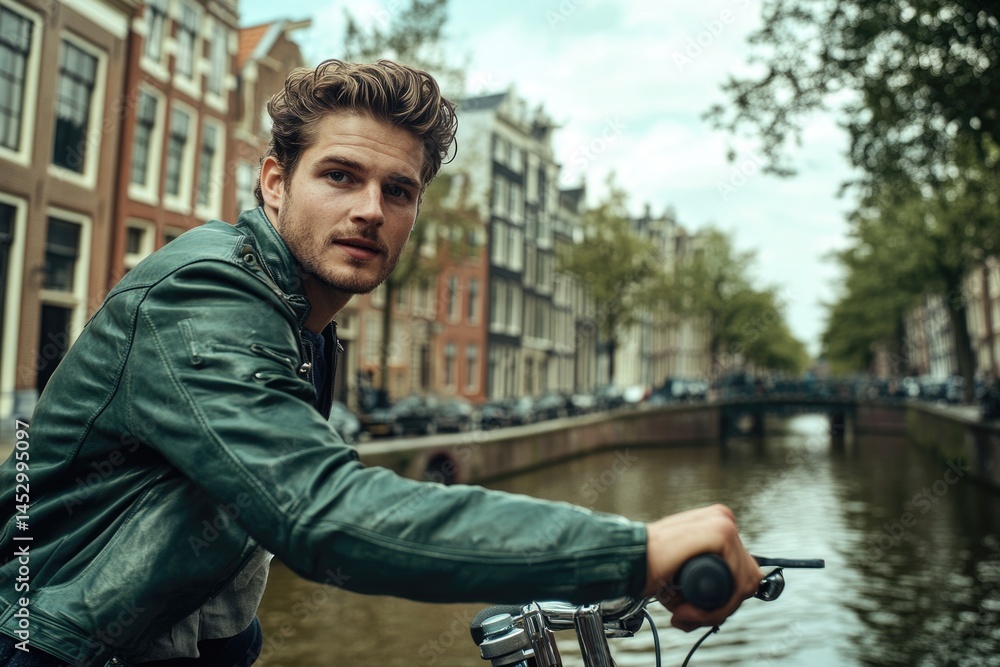 A stylish man in a leather jacket rides his bicycle along a canal in Amsterdam, Netherlands, looking off into the distance. A stylish man in a leather jacket rides his bicycle along a canal in Amsterdam, Netherlands, looking off into the distance.