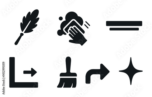 Cleaning tools silhouette icons set – solid, housekeeping, sanitation symbols