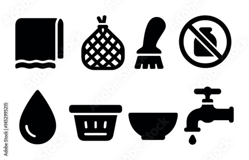 Cleaning tools solid icons set – household, sanitation, hygiene symbols