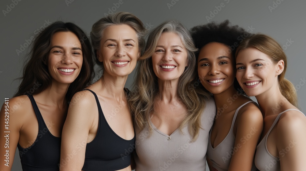 Five happy female models share a moment of joy and confidence while posing together. Their smiles highlight the beauty of diverse backgrounds and body types in a studio setting Five happy female models share a moment of joy and confidence while posing together. Their smiles highlight the beauty of diverse backgrounds and body types in a studio setting