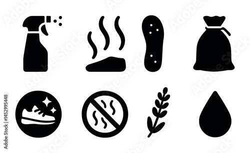 Deodorizing solution solid icons set – silhouette, odor removal, freshening symbols