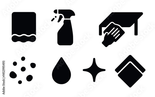 Cleaning tools solid icons set – flat, filled, housekeeping and janitorial symbols