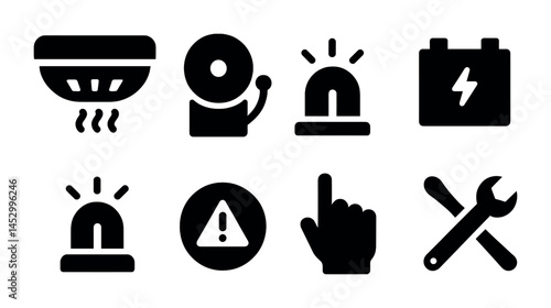 Fire safety solid icons set – filled, safety, emergency response symbols