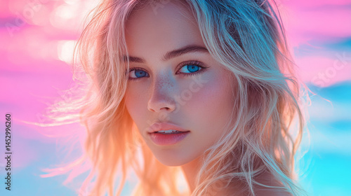 A woman with blonde hair and blue eyes is standing in front of a blue background