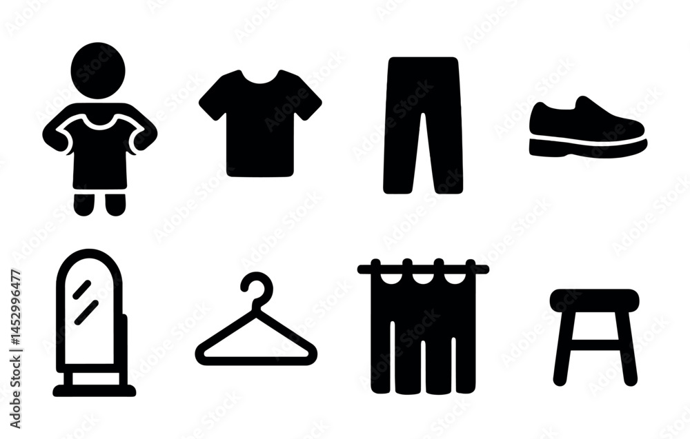 Fashion and clothing solid icons set – filled, wardrobe, style essentials Fashion and clothing solid icons set – filled, wardrobe, style essentials