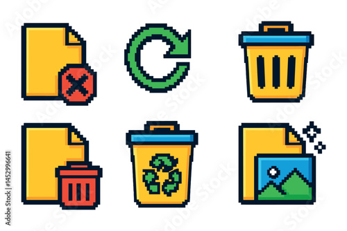 Colorful pixel art icons for file management and recycling concepts