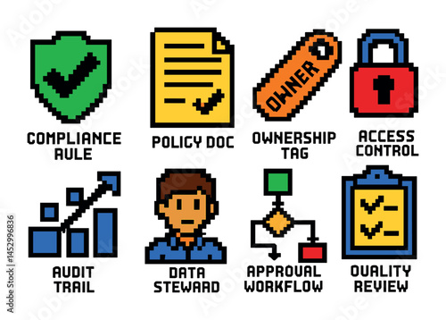 Data security pixel art icons set – filled, audit, cyber protection symbols