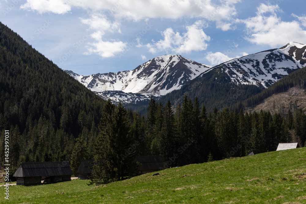 mountain landscape with a wooden houses in Tatra, Poland