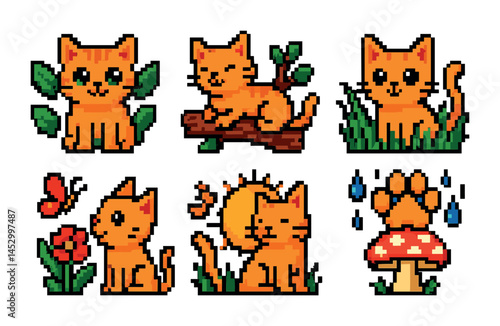 Cute cat pixel art icons set – outline, vintage, retro style graphics