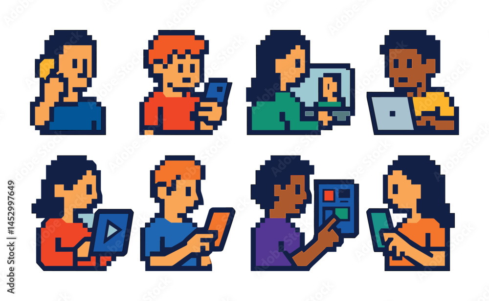Fototapeta premium Communication and technology icons set – pixel art, digital, media symbols