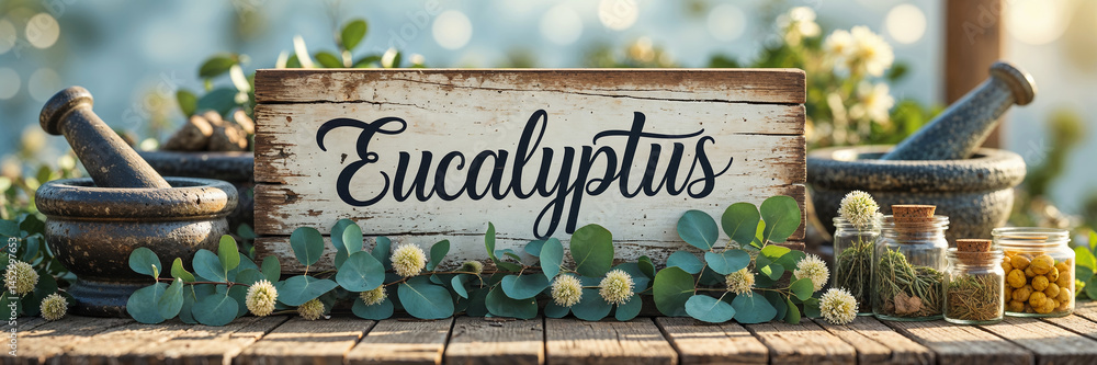 sign with inscription eucalyptus, fresh herbs on table, sunny day