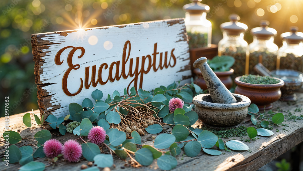 sign with inscription eucalyptus, fresh herbs on table, sunny day
