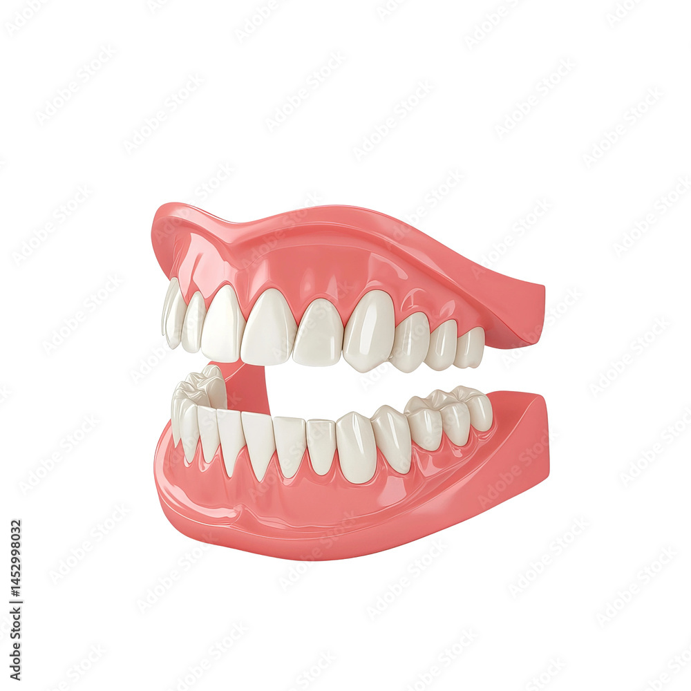 Obraz premium Dental Delight: A detailed studio shot captures the upper and lower set of bright, perfect dentures with precision and clarity.