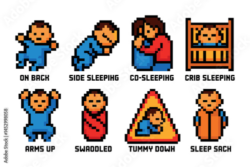 Baby sleeping pixel art icons set – cozy, restful poses and safe sleep symbols