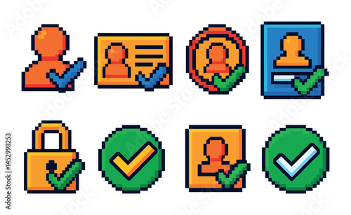 User verification pixel art icons set – colorful, detailed, account security symbols