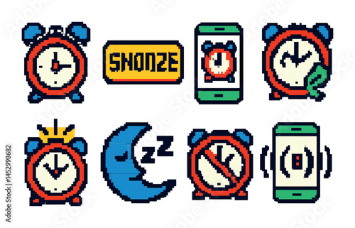 Alarm and clock pixel art icons set – snooze, timer, time management graphics