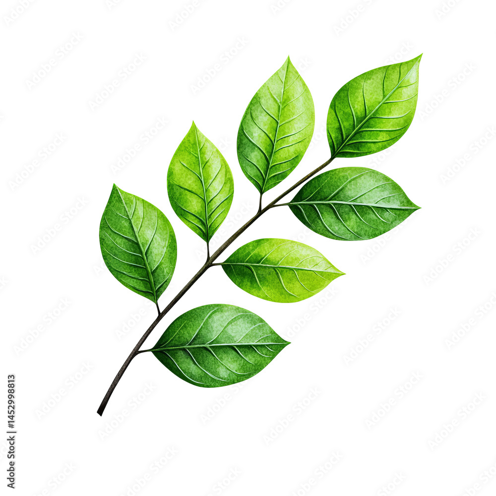 Naklejka premium Lush Branch of Life: A detailed, vibrant depiction of a fresh, verdant branch, adorned with bright green leaves, radiates a sense of nature's vitality.