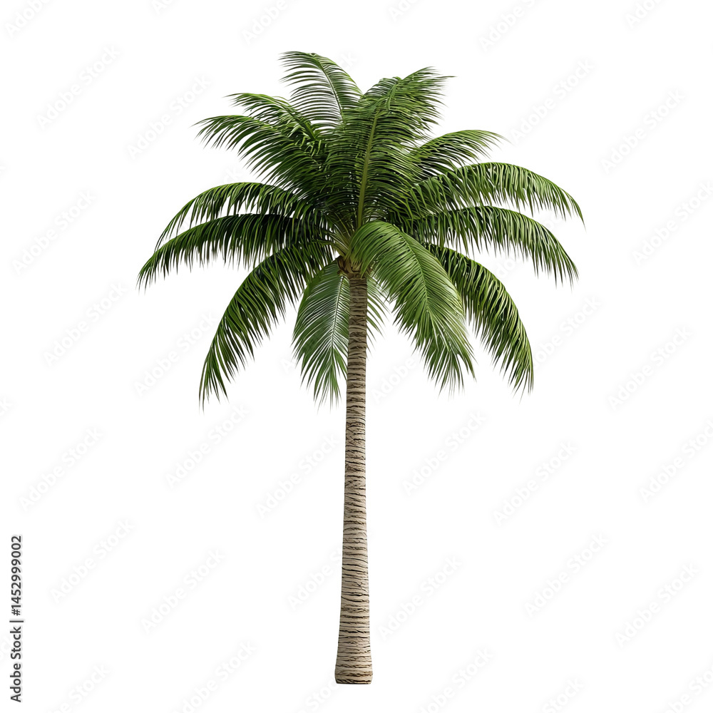Obraz premium Solitary Palm in Paradise: Standing tall, a solitary palm tree evokes tropical serenity, with its textured trunk and verdant fronds reaching skyward, embodying a sense of peace and natural beauty.