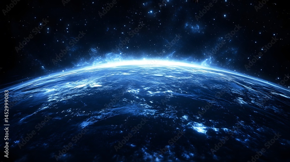 Obraz premium Stunning Blue Planet Earth Space View Glowing Horizon Cosmic Background