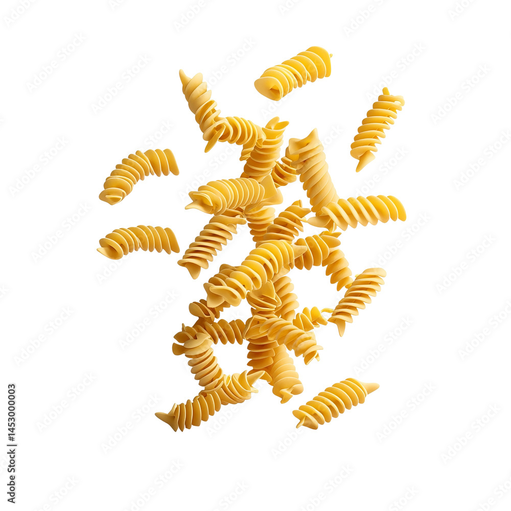 Floating Pasta: A captivating shot of fusilli pasta seemingly suspended in mid-air, showcasing their unique spiral shape and golden hue. Perfect for culinary themes. Floating Pasta: A captivating shot of fusilli pasta seemingly suspended in mid-air, showcasing their unique spiral shape and golden hue. Perfect for culinary themes.