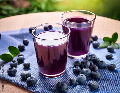 freshly squeezed blueberry juice on the table a healthy summer drink in two glasses