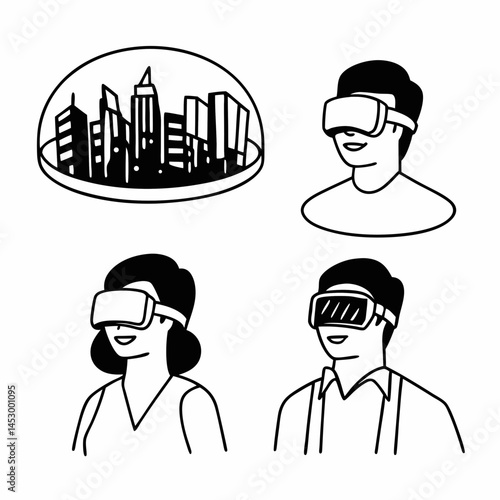 Vector Line Art Icon Set Featuring Virtual Reality, Augmented Reality, and Metaverse Concepts for Web Design.